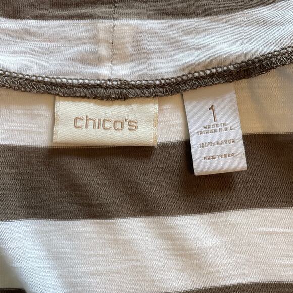 Chico's Striped Topper Size 1 (Womens Medium) Brown White Asymmetrical Cardigan - Picture 4 of 6